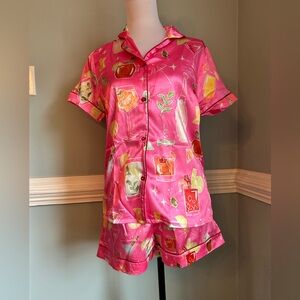 Women's Pink Satin Short Pajama Set with Cocktail Print